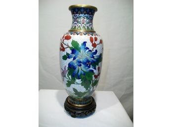 Vintage Cloisonne Vase With Wood Stand