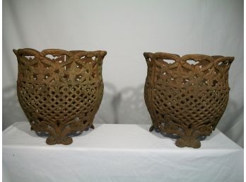 Pair Of Cast Iron Lattice Urns/Planters