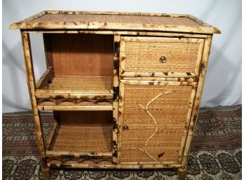 Small Vintage Bamboo Cabinet With Two Shelves And One Door