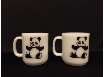 Pair Of Vintage Milk Glass Mugs Panda Motif