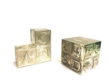 Pair Of Vintage Silver Children's Blocks Coin Bank