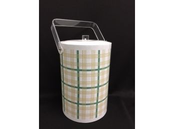 Vintage White W/ Green & Taupe Plaid Design & Lucite Handle Ice Bucket
