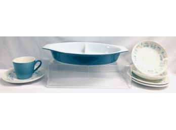 Vintage Pyrex Divided Baking Dish & Blue Heaven Dishware By Royal