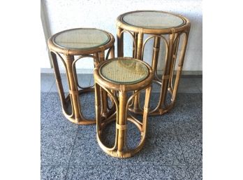Vintage Nesting Glass Top Bamboo Rattan Accent Tables Trio