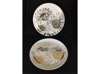 Awesome Pair Of White W/ Goldtone Sunflower Design Platters