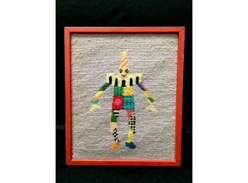 Vintage Framed Needlepoint Tapestry Of Clown/jester