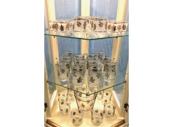 Grouping Of Libbey Glass Co Silver Leaf Glassware & Ice Bucket - 46 Pieces