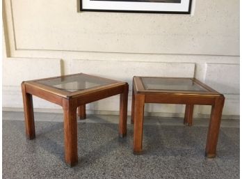 Vintage MCM Brass Accented Glass Top End Tables