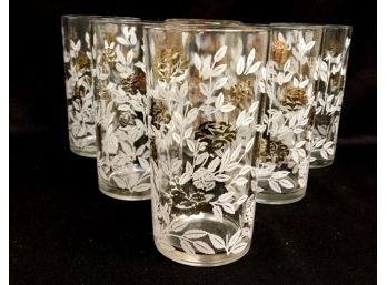 Set Of 6 Vintage Gold & White Rose Tumblers