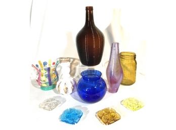 Assortment Of 10 Colored Glassware Pieces