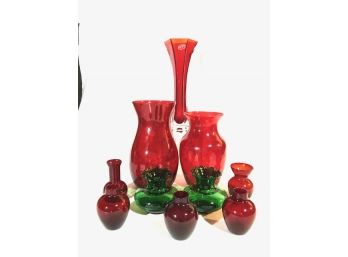 Assortment Of Red & Green Glass Vases