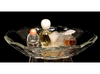 5 Miniature Vintage Perfumes Displayed In Oblong Glass Tray/bowl