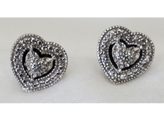 Sterling Silver Pair Of TESTED Diamond Heart Earrings Marked With An 'F' Inside A Star - 3.54 Grams