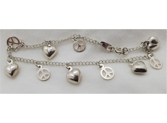 Vintage Sterling Silver 8' Heart And Peace Sign Bracelet - 5.28 Grams