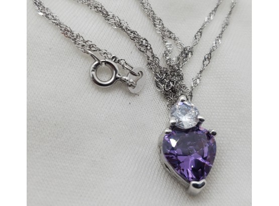 Gorgeous Silver Plated 18' Necklace With A Beautiful Purple Stone & CZ