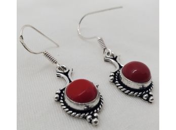 Pair Of Silver Plated Red Coral Earrings