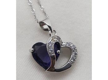 Stunning Silver Plated 18' Necklace With A Beautiful Double Heart Pendant W/ A Purple Stone & CZ Accents