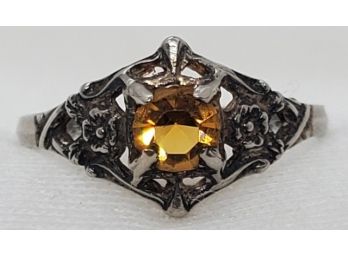 Vintage Sterling Silver Petite Size 4 Victorian Style Ring With Yellow Stone - 0.94 Grams