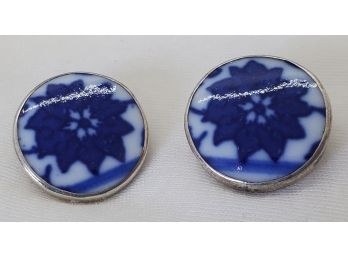 Antique Sterling Silver And Flow Blue Porcelain Clip On Earrings - 8.65 Grams