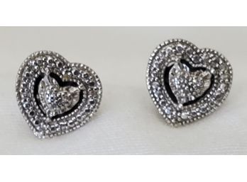 Sterling Silver Pair Of TESTED Diamond Heart Earrings Marked With An 'F' Inside A Star - 3.54 Grams