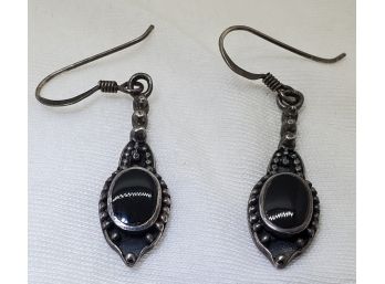 Vintage Sterling Silver Pair Of Lovely Black Onyx Victorian Style Earrings 1 1/8' ~ 3.87 Grams