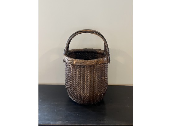 An Antique Chinese Rice Gathering Woven Basket With Wood Handles