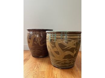 A Pair Of Large Chinese Earthenware Egg Pots  - Once Used For Storing And Curing Eggs