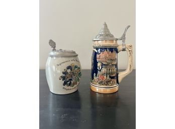 A Set Of Two German Steins With Pewter Tops - One C. 1920