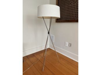 A Chrome Tripod Modern Standing Lamp With Linen Shade And Diffuser - 3 Bulb