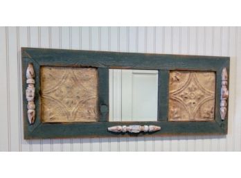 Blue/Green Distressed Wood Mirror With Decorative Sand Colored Tiles