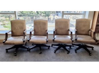 Worn Green/gray Leather Conference Room Chairs On Wheels