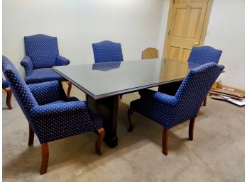 Modern Conference Table With Glass Top And Four Blue Dot Upholstered Chairs