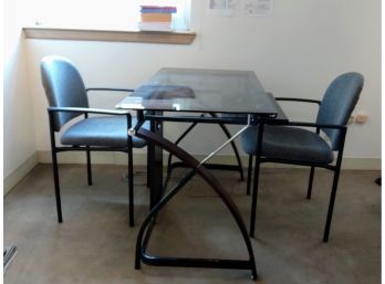 Glass Desk With Lower Expandable Shelf And Two Desk Chairs