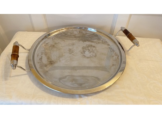 A Round Silverplate Serving Tray With Wood Handles - 22' Diameter