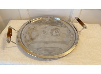 A Round Silverplate Serving Tray With Wood Handles - 22' Diameter