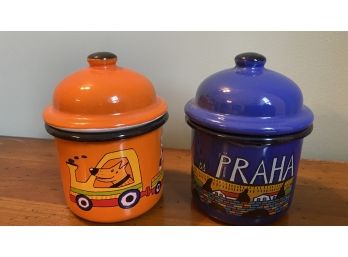 A Pair Of SMALTUM Enamel Dog Treat Containers Made In Cech Republic.