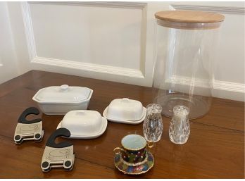 A Lot Of Mixed Kitchen Items - Salt & Pepper Shakers, Butter Dishes, Canister & More