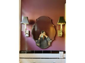 A Pair Of Vintage Pewter Sconces With Black And Gold Shades - Powder Room
