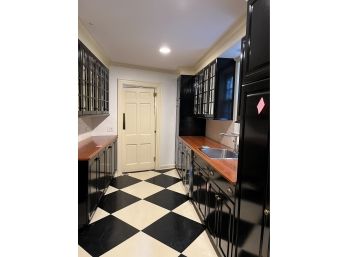 A Complete Butler Pantry Area - Glass Doors, Deep Metal Sink, Wood Counters