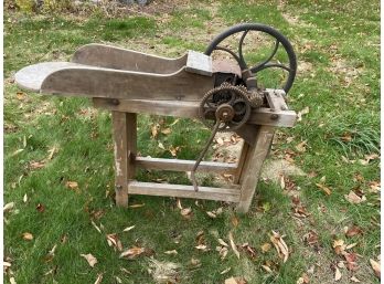 Primitive Feed Chopper With Large Metal Crank Wheel, Exposed Gears And Wooden Chute