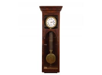 Antique Flame Mahogany Wall Clock With Enamel Over Copper Dial And Heavy Penduluum - New Canaan CT Provenance