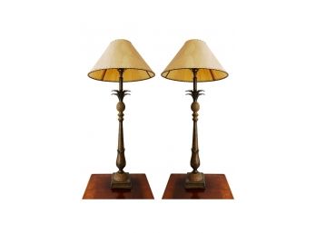 Pair Of Pineapple Tree Lamps With Natural Leaf Shades