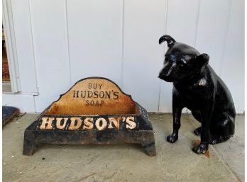 Cast Iron Hudson’s Soap Puppy Drinker & “Nipper The Dog” Statue