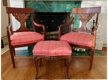 Pair Of Carved Wood Wheat Back Chairs & Ottoman