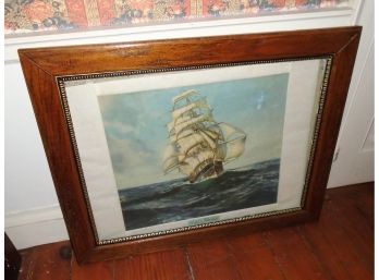 Vintage Ship Print In Oak Frame