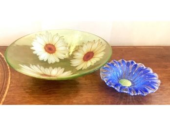 Interesting Large Green Tinted Bowl With Daisys & Sydenstrickler Glass Dish