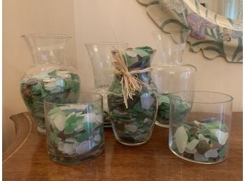 Group Of Six Clear Glass Vases With Sea Glass Pieces