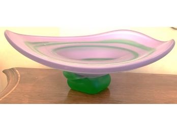 Large Green & Purple Swirled Wave Art Galss Dish, Signed T. Rush