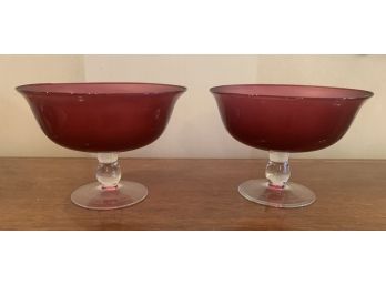 Pair Cranberry And Clear Glass Footed Bowls