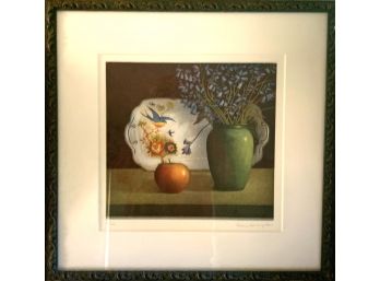 Still Life Lithpgraph With Serving Tray, Vase And Flowers
